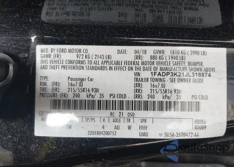 2018 Ford Focus Se из США, поврежденный, VIN 1FADP3K21JL318874